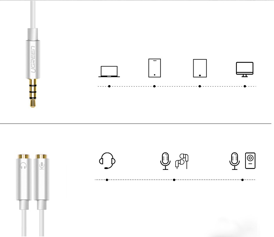 Ugreen cable cable headphone splitter 3.5 mm mini jack AUX microphone 20cm (microphone + stereo output) silver (30619) - Image 5