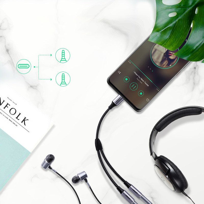 Ugreen cable headphone splitter USB Type C - 2x 3.5 mm mini jack AUX 20cm gray (30732) - Image 2