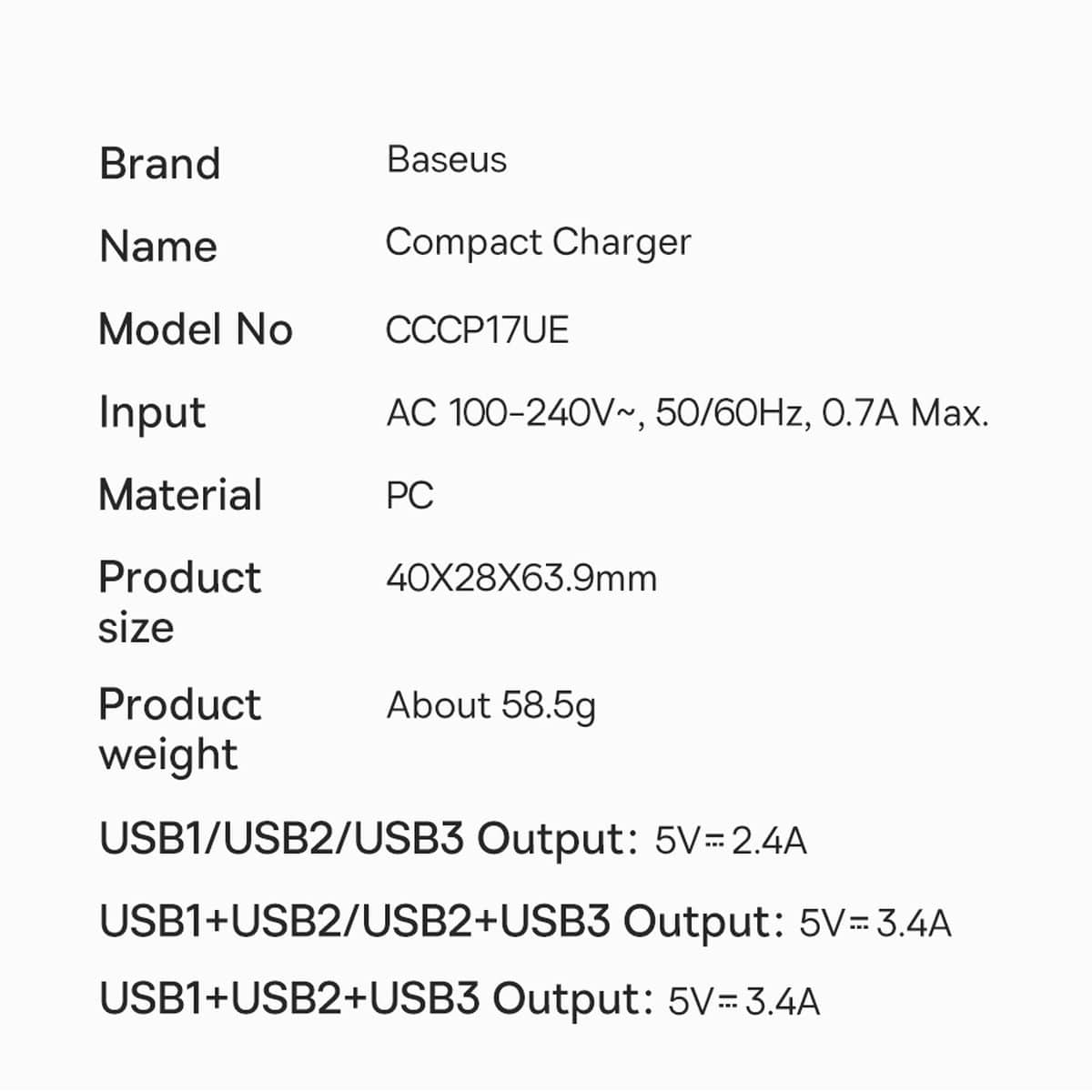 Baseus Compact charger 3x USB 17W Λευκό (CCXJ020102) - Image 20