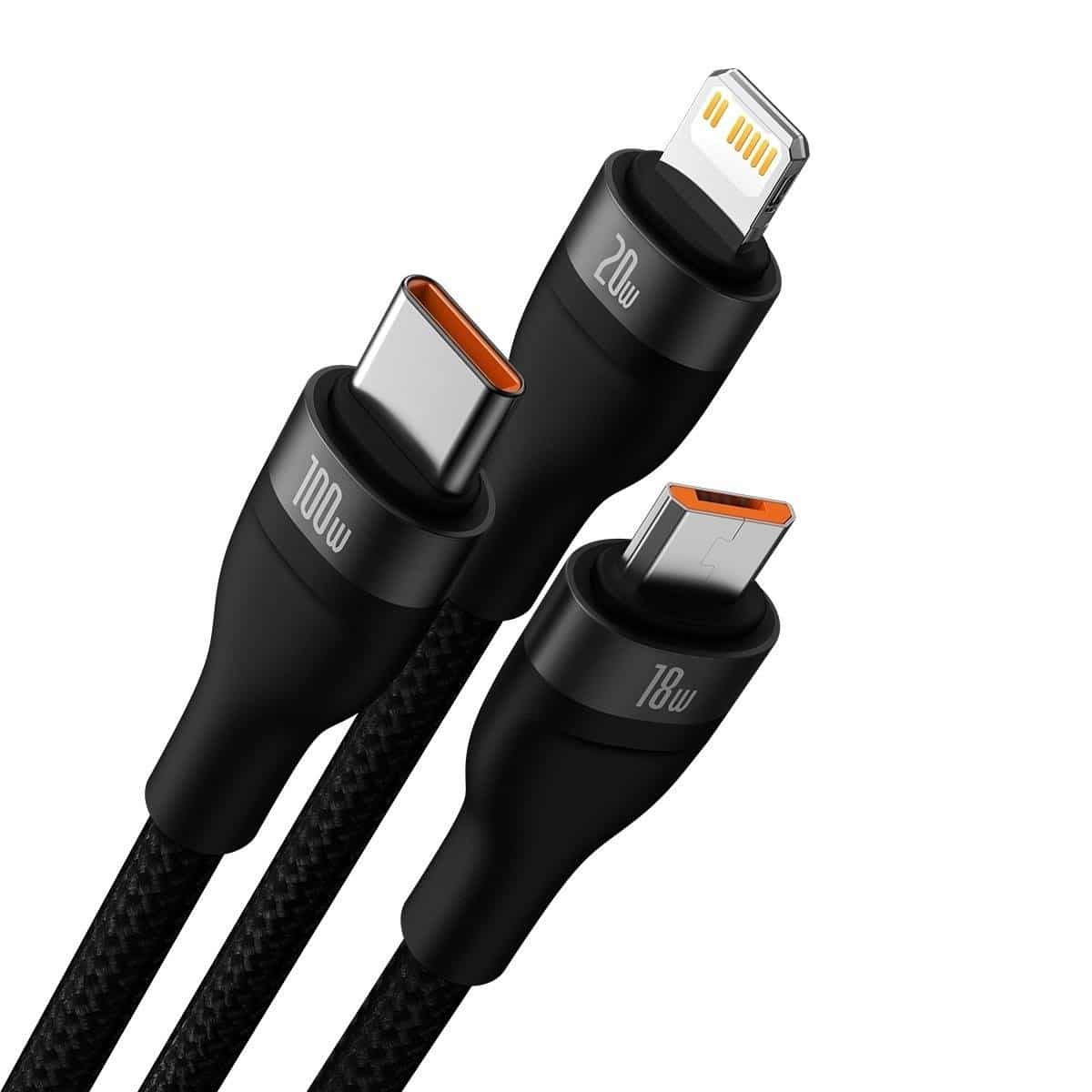 Baseus Flash Series II USB Type C / USB Type A cable - USB Type C / Lightning / micro USB 100 W 1.2 m black (CASS030101) - Image 2