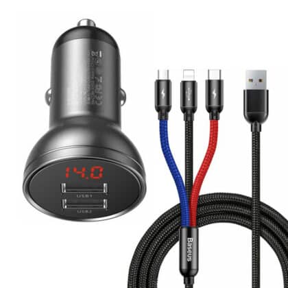 Baseus 2x USB 4.8A 24W car charger with LCD + 3in1 cable USB - USB Type C / micro USB / Lightning 1.2m black (TZCCBX-0G)