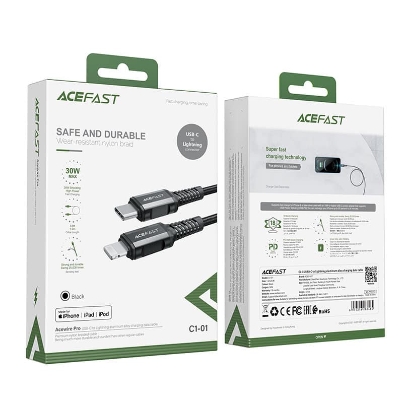 Acefast cable MFI USB Type C - Lightning 1.2m, 30W, 3A black (C1-01 black) - Image 5