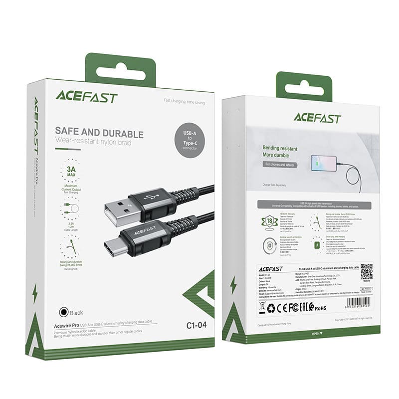 Acefast USB cable - USB Type C 1.2m, 3A Μαύρο (C1-04 Μαύρο) - Image 5