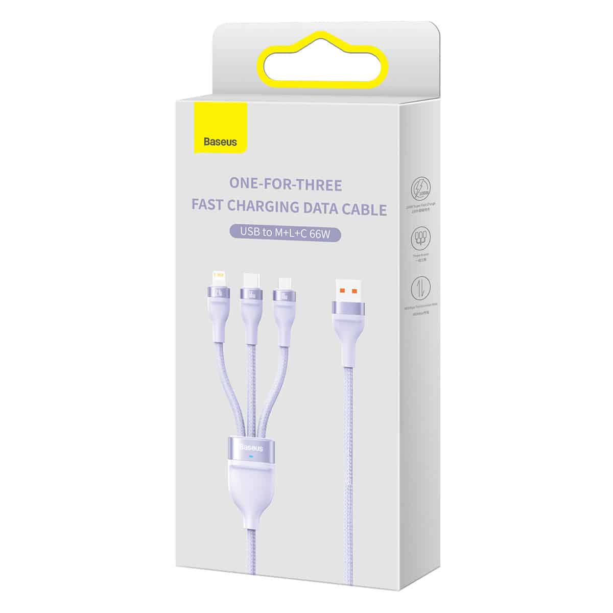 Baseus Flash Series Ⅱ 3in1 Fast Charging Καλώδιο USB-A to USB-C / Micro-USB / Lightning 66W 480Mbps 1.2m Μώβ - Image 5
