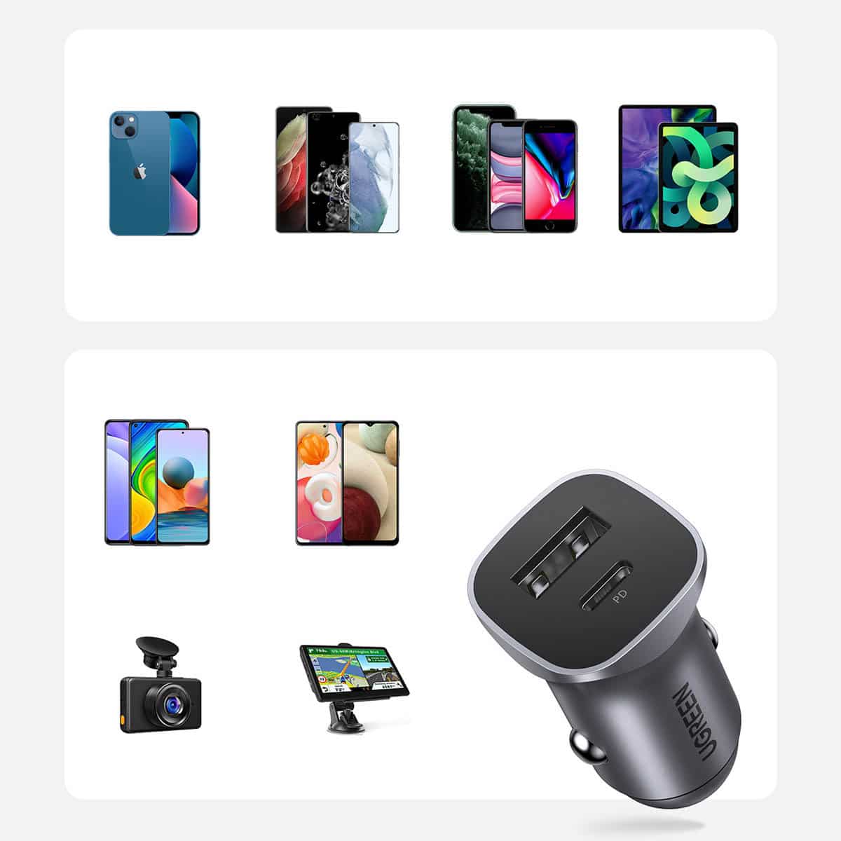 Ugreen fast car charger USB-A / USB-C 30W PD PPS Γκρί (CD130) - Image 16