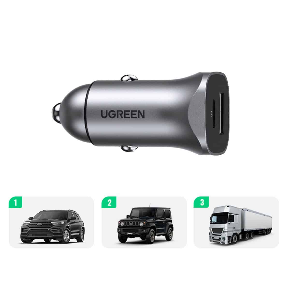 Ugreen fast car charger USB-A / USB-C 30W PD PPS Γκρί (CD130) - Image 12