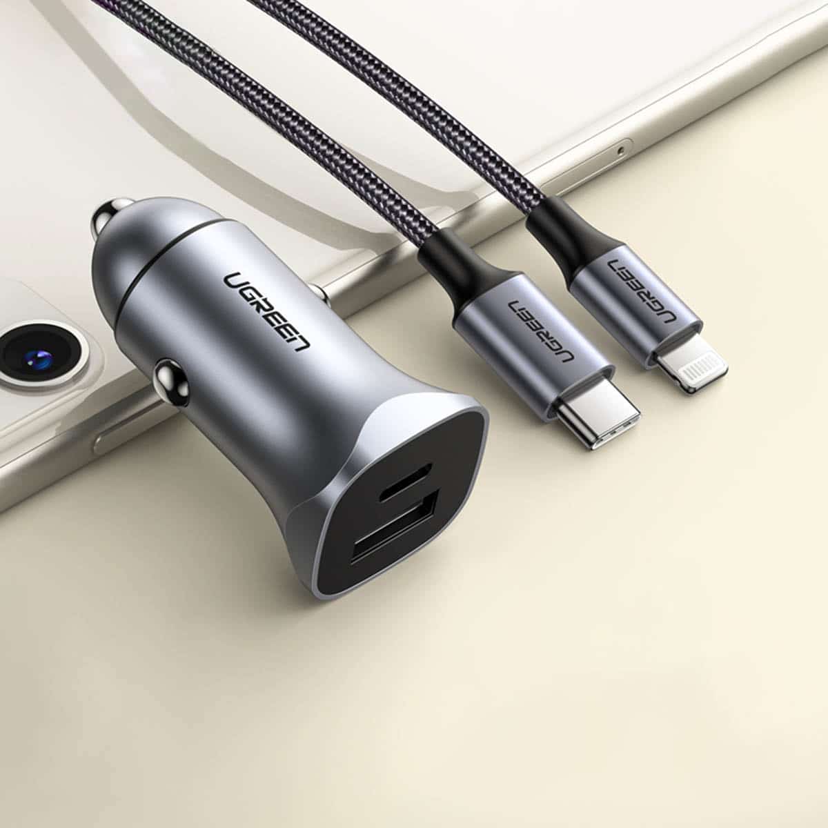 Ugreen fast car charger USB-A / USB-C 30W PD PPS Γκρί (CD130) - Image 2