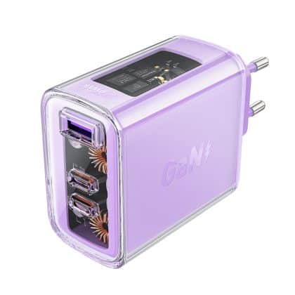 Acefast charger GaN 65W 3 ports (1xUSB, 2xUSB C) Μώβ (A45)