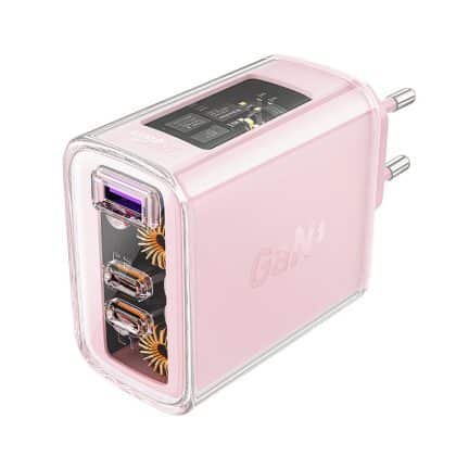 Acefast charger GaN 65W 3 ports (1xUSB, 2xUSB C) Ροζ (A45)