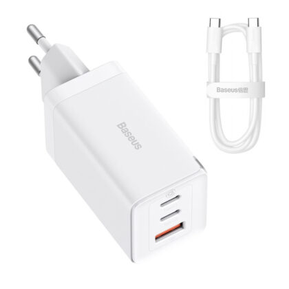 GaN 2xUSB C 1xUSB 65W fast charger Baseus GaN5 Pro + USB C - USB C 100W cable - Λευκό