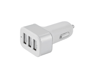 a white car charger with three usb a ports up front