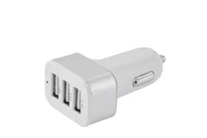 a white car charger with three usb a ports up front