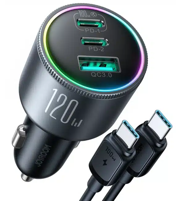 Joyroom JR-CCN07 car charger 120W 2xUSB-C USB-A + USB-C cable 100W - dark Γκρί