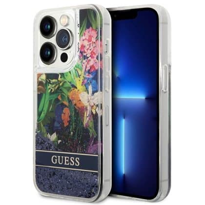 Guess Flower Liquid Glitter - θήκη για Apple iPhone 14 Pro - Μπλε