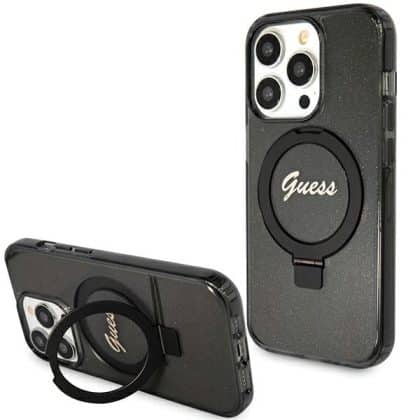 Guess Ring Stand Script Glitter MagSafe - θήκη για Apple iPhone 15 Pro - Μαύρο