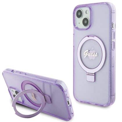Guess Ring Stand Script Glitter MagSafe - θήκη για Apple iPhone 15 Plus / 14 - Μωβ