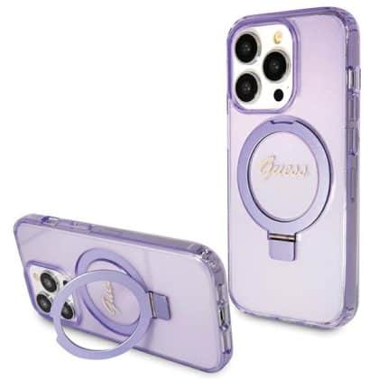 Guess Ring Stand Script Glitter MagSafe - θήκη για Apple iPhone 15 Pro - Μωβ
