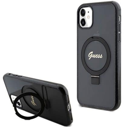 Guess Ring Stand Script Glitter MagSafe - θήκη για Apple iPhone 11 - Μαύρο