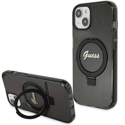 Guess Ring Stand Script Glitter MagSafe - θήκη για Apple iPhone 14 - Μαύρο