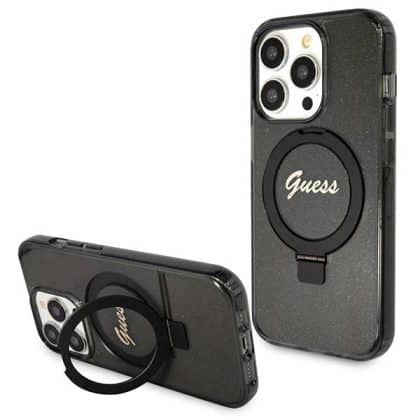 Guess Ring Stand Script Glitter MagSafe - θήκη για Apple iPhone 14 Pro - Μαύρο