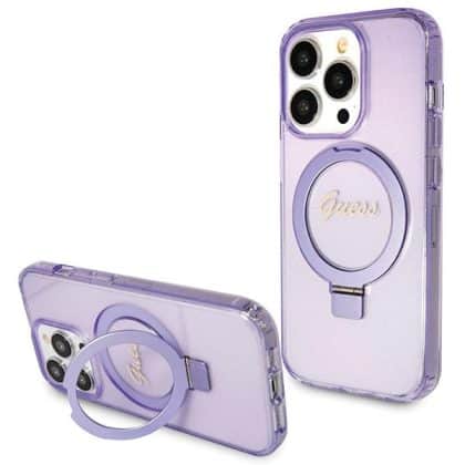 Guess Ring Stand Script Glitter MagSafe - θήκη για Apple iPhone 14 Pro Max - Μωβ