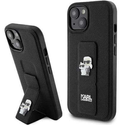 Karl Lagerfeld Gripstand Saffiano Karl&Choupette Pins - θήκη για Apple iPhone 15 Plus / 14 - Μαύρο