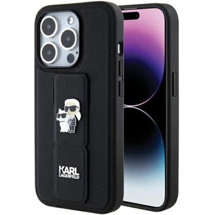 Karl Lagerfeld Gripstand Saffiano Karl&Choupette Pins - θήκη για Apple iPhone 15 Pro - Μαύρο