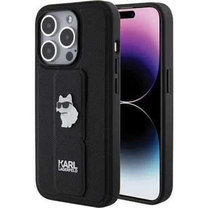Karl Lagerfeld Gripstand Saffiano Choupette Pins - θήκη για Apple iPhone 15 Pro Max - Μαύρο