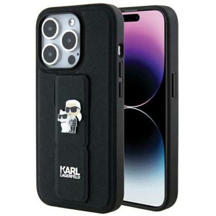Karl Lagerfeld Gripstand Saffiano Karl&Choupette Pins - θήκη για Apple iPhone 14 Pro - Μαύρο