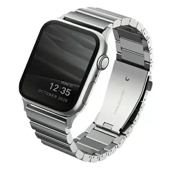 UNIQ λουράκι Strova για Apple Watch 42/44/45/ 49mm Series 1/2/3/4/5/6/7/8/9/SE/SE2/Ultra/Ultra 2 από ανοξείδωτο ατσάλι σε ασημί/sterling silver