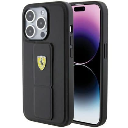 Ferrari Grip Stand Metal Logo - θήκη για Apple iPhone 15 Pro - Μαύρο