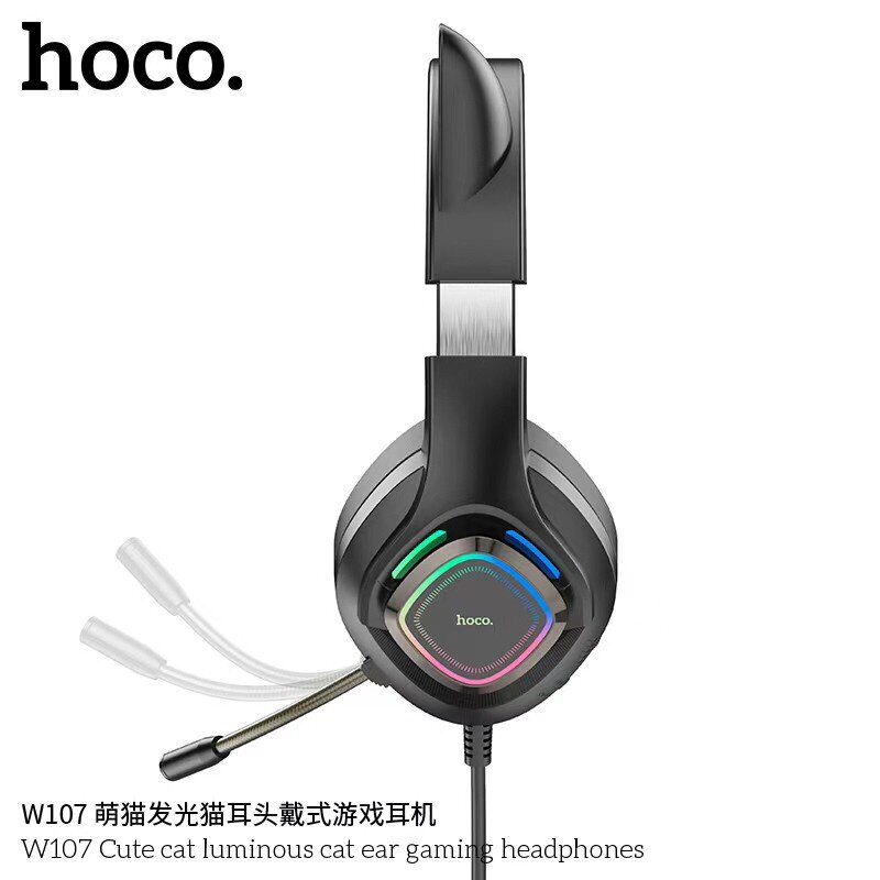 Hoco - Ενσύρματα Ακουστικά με Κατσικίσια Αυτιά (W107) - για Gaming, Jack 3.5mm, με Μικρόφωνο και Πολύχρωμα LED Φώτα - Μαύρο / Ροζ - Image 4