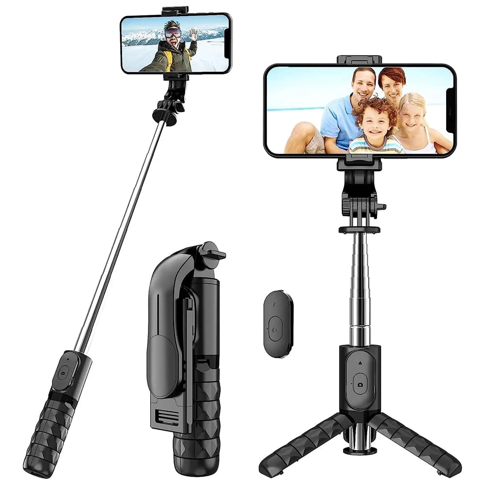 Techsuit - Mini Selfie Stick (Q11) - Stable Tripod with Bluetooth Remote Control, 360 Rotation, Stainless Steel, 74cm - Black