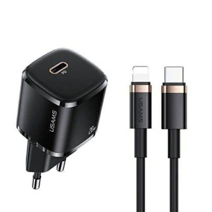 Usams - Σετ Φορτιστή Τοίχου (XFKXLOGTL01) - USB-C, PD 20W (T36) με Καλώδιο Τύπου-C σε Lightning, 1.2m, PD 20W (U63) - Μαύρο
