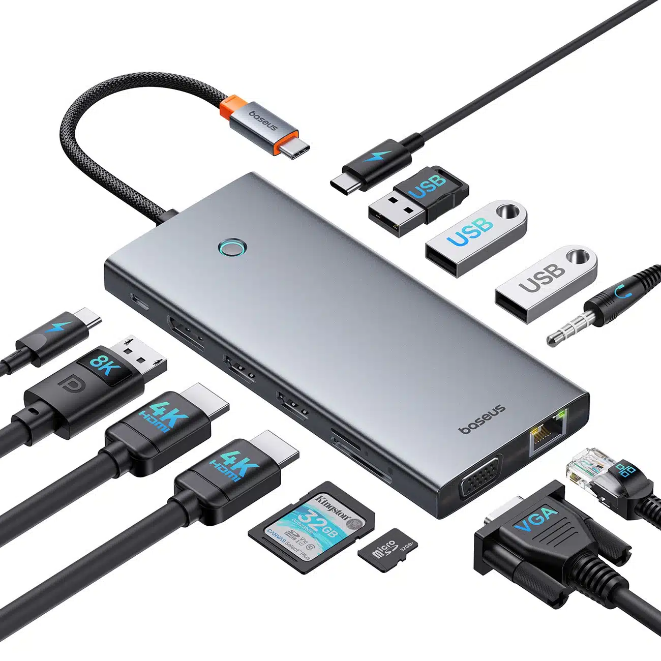 HUB Baseus PortalJoy Series 13in1 USB-C - 2x HDMI / DP / VGA / USB-A 3.1 / USB-C 3.1 / USB-A 2.0 / PD / RJ45 / SD / TF / AUX - γκρι - Image 4