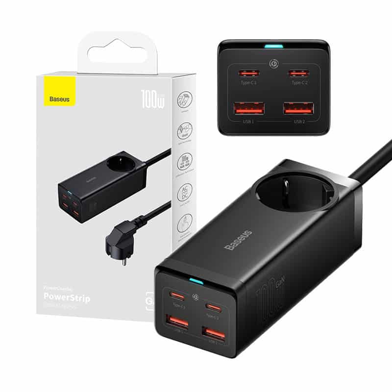 Baseus - Φορτιστής Τοίχου/Πολύπριζο (PSZM000401) - GaN3 Pro, 2xUSB, 2xUSB-C, AC, 100W - Μαύρο - Image 7