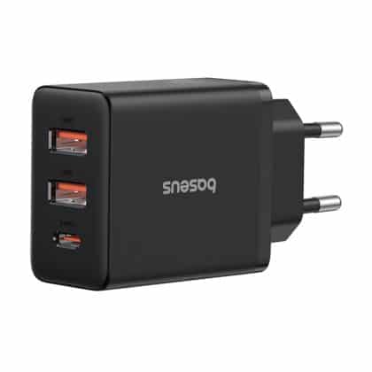 Baseus - Φορτιστής τοίχου (P10111402113-00) - GaN, 2x USB, Type-C, Γρήγορη Φόρτιση, 30W - Cluster Μαύρο