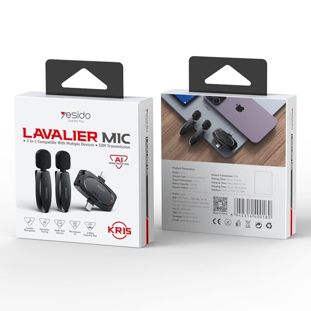 Yesido - (2 pack) Ασύρματα Μικρόφωνα Lavalier (KR15) - Δέκτης 3 σε 1, TC, Φωτισμός, Υποδοχή 3.5mm, 2.4GHz - Μαύρο - Image 8