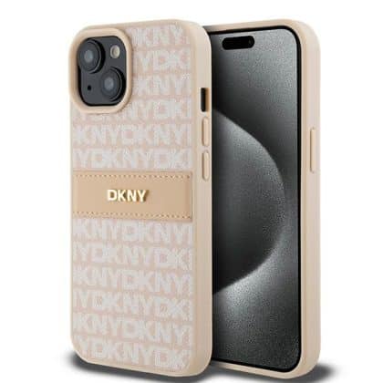 DKNY Leather Mono Stripe & Metal Logo - θήκη για Apple iPhone 15 Plus - Ροζ
