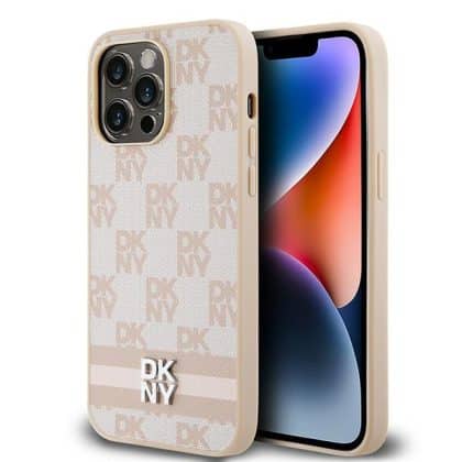 DKNY Leather Checkered Mono Pattern & Printed - θήκη για Apple iPhone 14 Pro Max - Ροζ