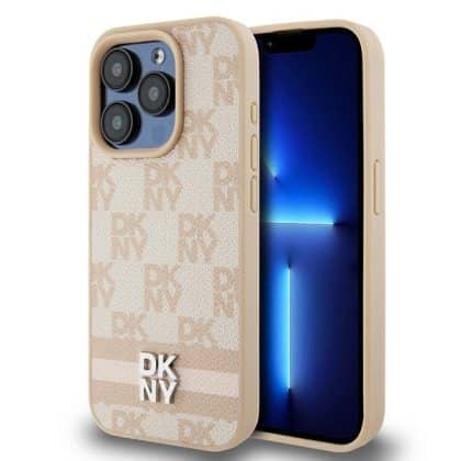 DKNY Leather Checkered Mono Pattern & Printed - θήκη για Apple iPhone 15 Pro - Ροζ