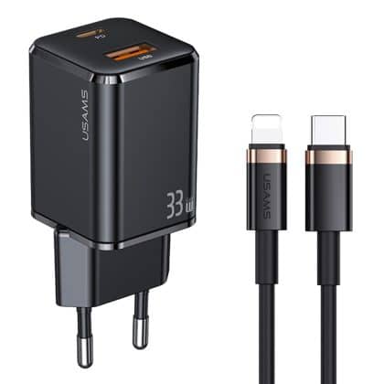 Usams - Σετ Φορτιστή Τοίχου (USKTZ01) - USB-C, GaN 33W, USB-A QC3.0 (T43) + Καλώδιο Type-C σε Lightning 1.2m, PD 20W (U63) - Μαύρο