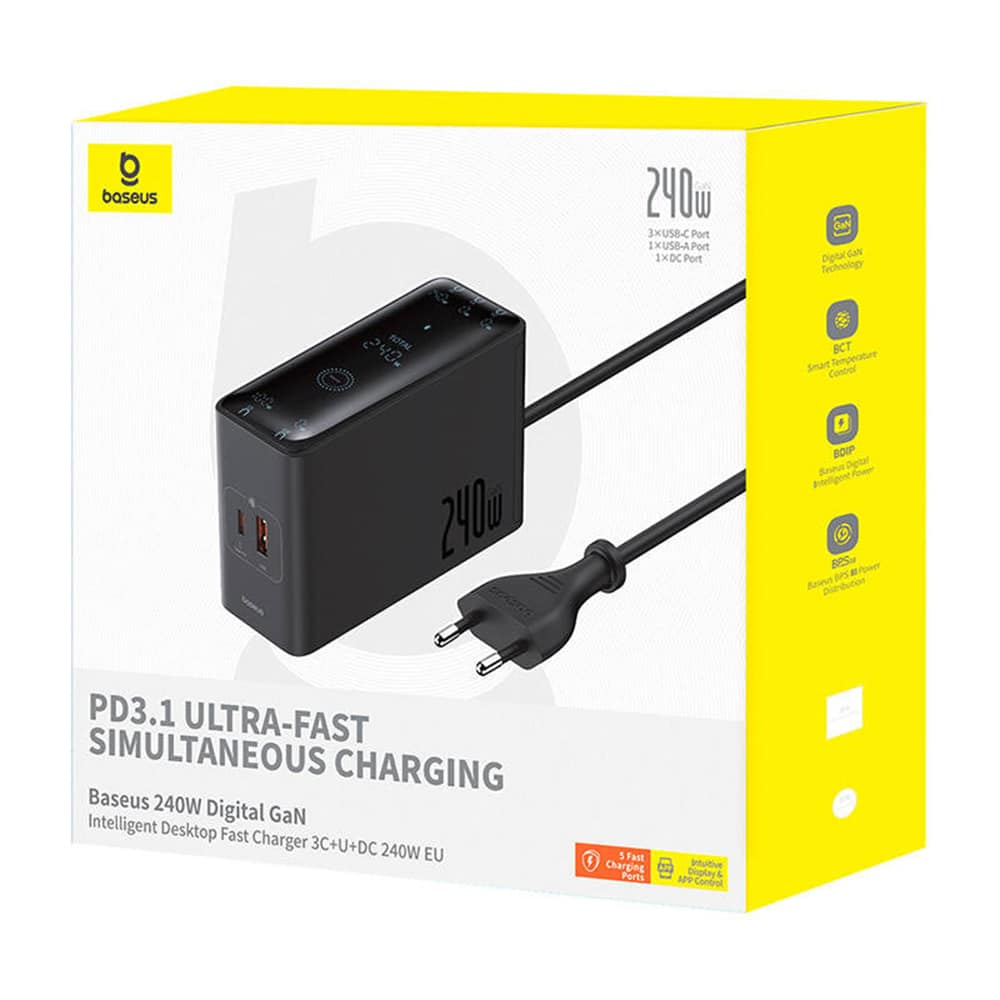 Baseus - Σταθμός Φόρτισης (P10163901113-00) - GaN, 3x USB-C, USB, DC, 240W, 1m - Μαύρο - Image 8