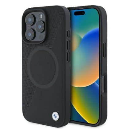BMW Sign Leather Half Textured And Circle MagSafe - θήκη για Apple iPhone 16 Pro - Μαύρο