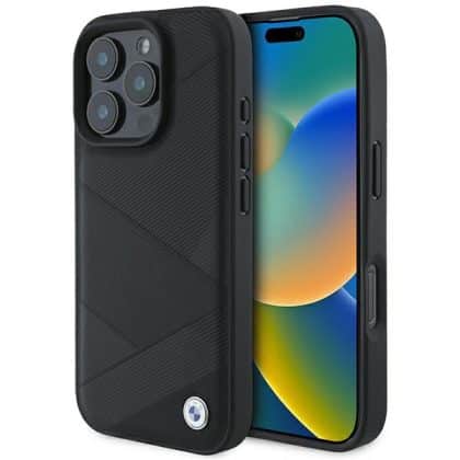 BMW Sign Leather Crossing Lines Pattern - θήκη για Apple iPhone 16 Pro - Μαύρο