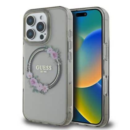 Guess Flowers Wreath MagSafe - θήκη για Apple iPhone 16 Pro - Μαύρο