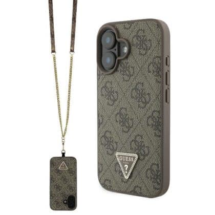 Guess Leather Metal Logo Strass Crossbody - θήκη για Apple iPhone 16 - Καφέ