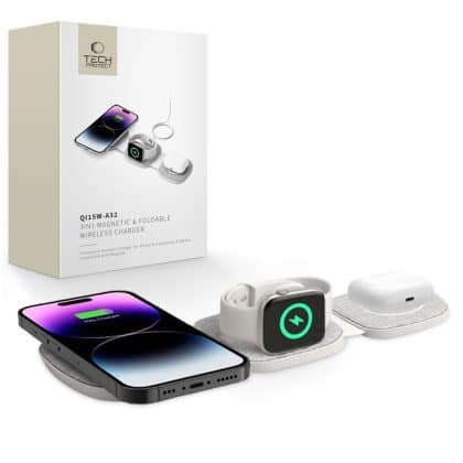 Tech-Protect Qi15W-A32 3in1 μαγνητικός MagSafe ασύρματος φορτιστής γκρι