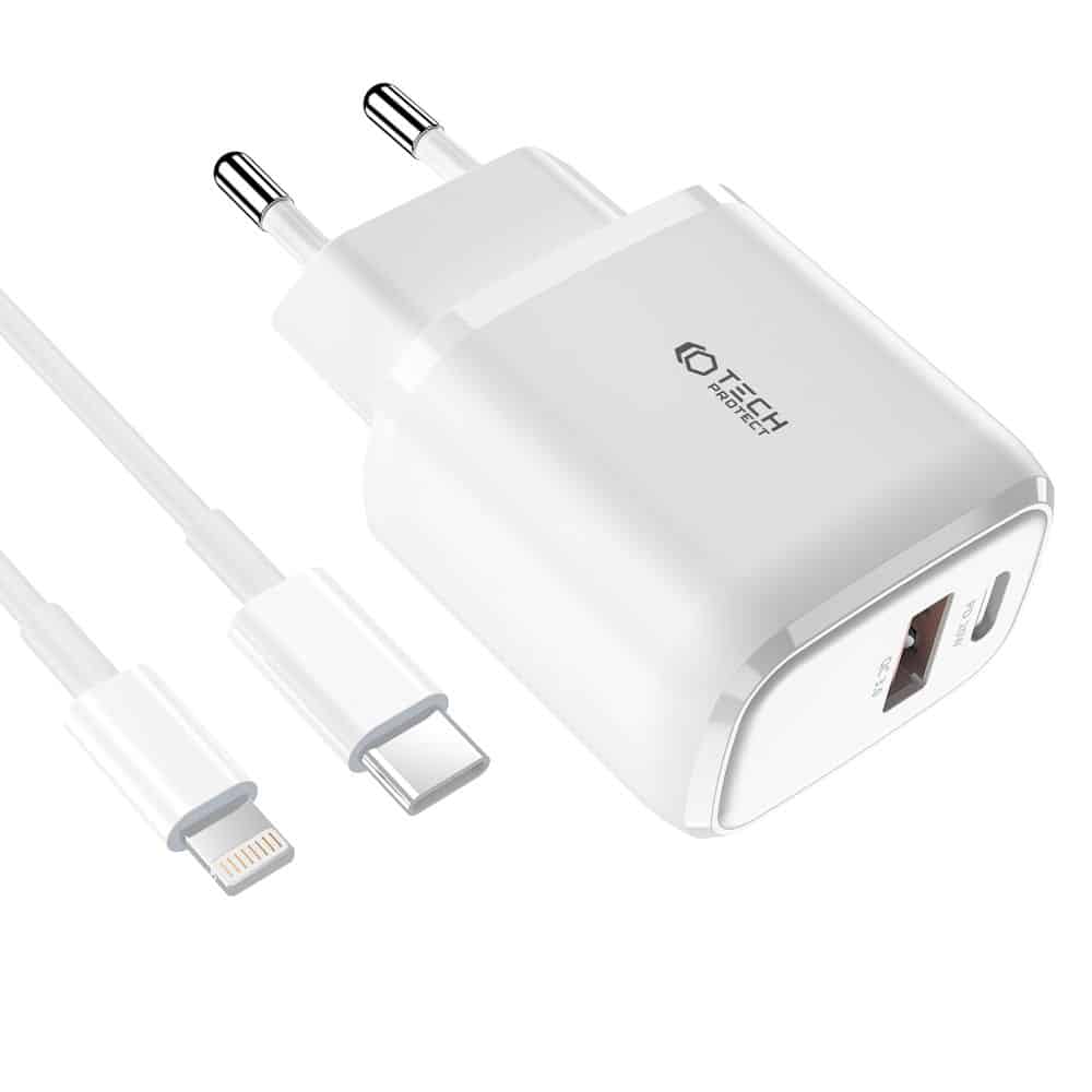 Tech-Protect C20W φορτιστής 2 θυρών PD20W/QC3.0 + καλώδιο Lightning λευκό - Image 2