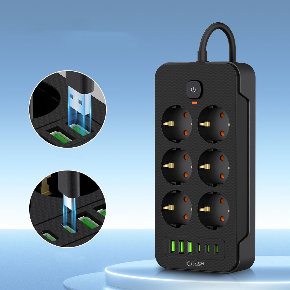 Tech-Protect πολύπριζο PC6X6 με 3 USB & 3 TYPE-C & 6 υποδοχές 200CM μαύρο - Image 3